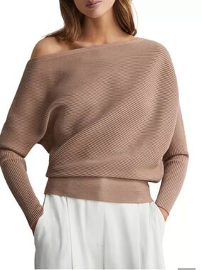 Reiss Off-Shoulder Ribbed Sweater in Taupe